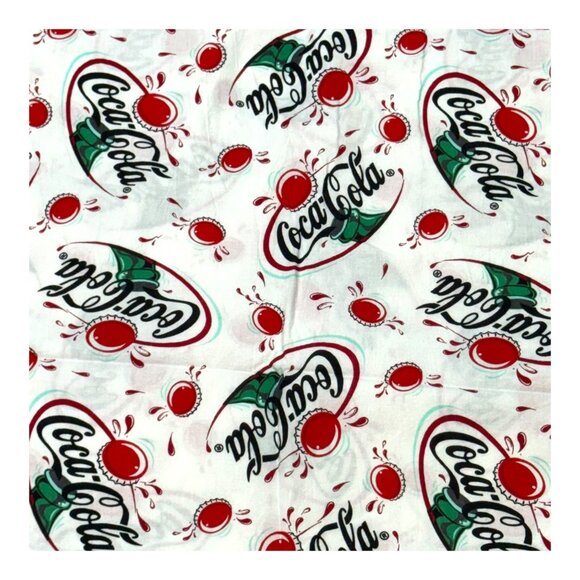 Vintage Coca Cola Fabric With Classic Logo Print White Red Green Retro 2.25 Yds - Picture 1 of 4